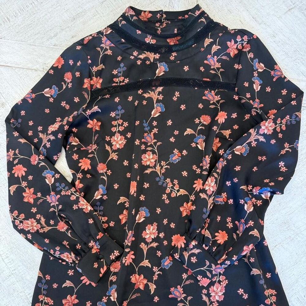 CeCe Floral Mock Neck Blouse Black Pink Mesh Detail